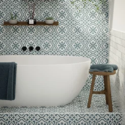 Fiore Teal / White Victorian Pre-scored Porcelain Wall & Floor Tile 450 X 450mm - 1.42sqm Pack -Sandtex Shop 13220597 7264909608388476